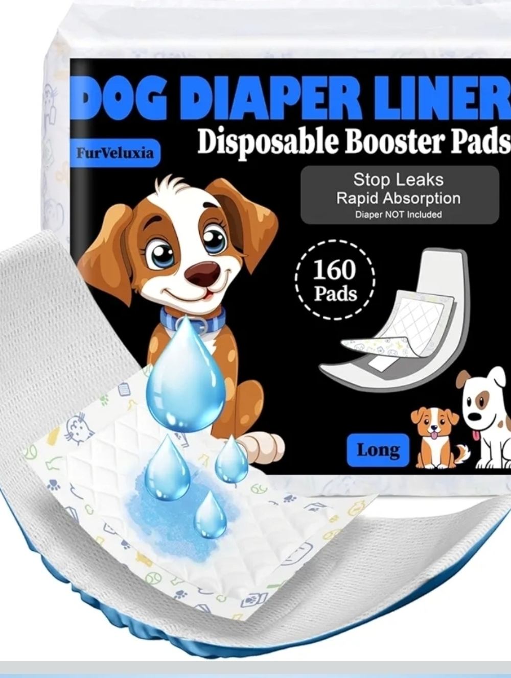 FurVeluxia Dog Diaper Liner Pads - White with Blue Accents